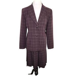 VTG 90s Larry Levine Eggplant Plaid Pleated Skirt Suit Size 14